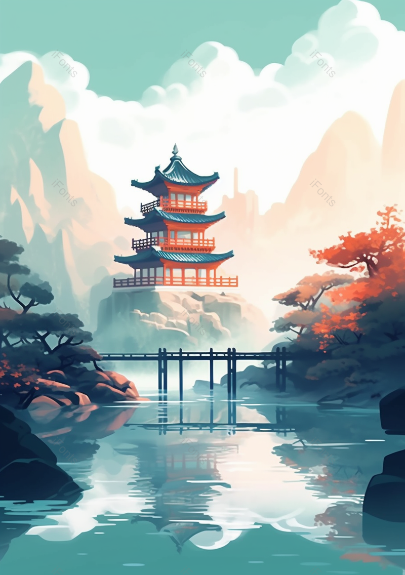 手绘国风湖面古代建筑,插画/手绘图,插画/手绘图库,插画/手绘图下载,插画/手绘